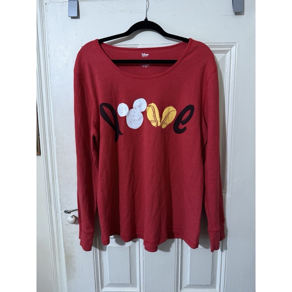 Disney Store Mickey Mouse LOVE Thermal Top Red Waffle Knit Shirt 2XL